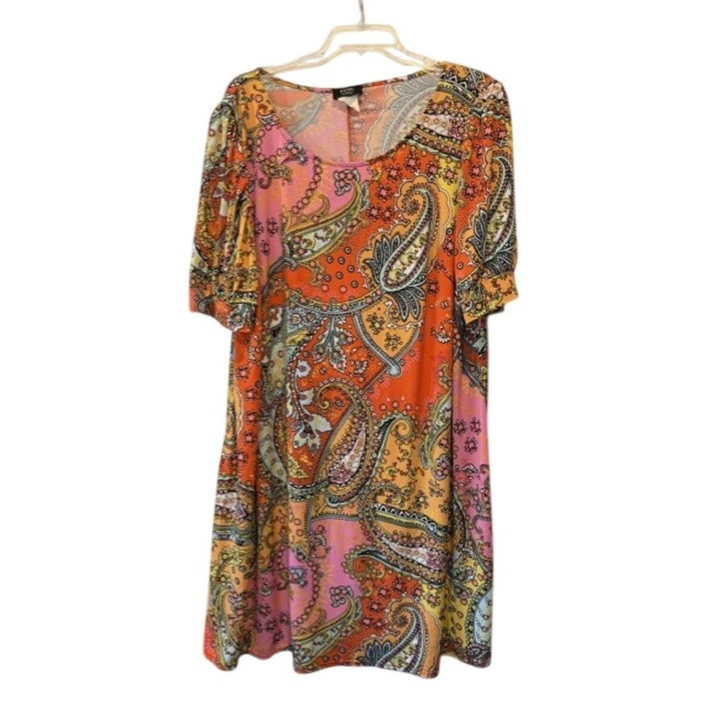 MSK Women 3X Paisley Midi Dress Orange Pink Stretch Boho Plus Size USA Made